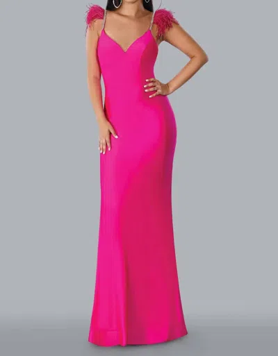 Stella Couture Feathered Rhinestone Shoulder Formal Gown In Fuchia In Pink