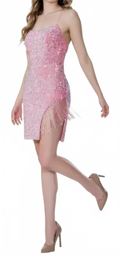 Stella Couture Homecoming Short Fitted Sequin Fringe Dress In Pink