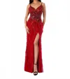 Stella Couture Long Beaded Feather Prom Dress In Wine In Red