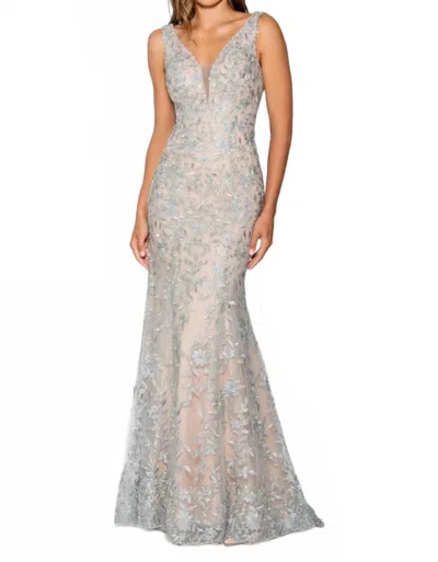 Stella Couture Long Fitted Sleeveless Prom Gown In Silver