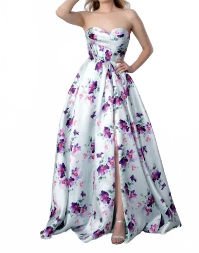 Stella Couture Long Formal A Line Floral Print Prom Dress In Powder Blue In White