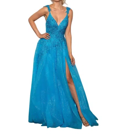 Stella Couture Long Prom Formal Glitter Dress In Blue