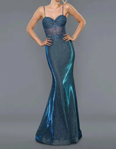 Stella Couture Metallic Glitter Evening Gown In Royal Blue