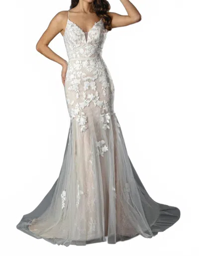 Stella Couture Romantic Lace Fit And Flare Bridal Gown In Nude In Gray