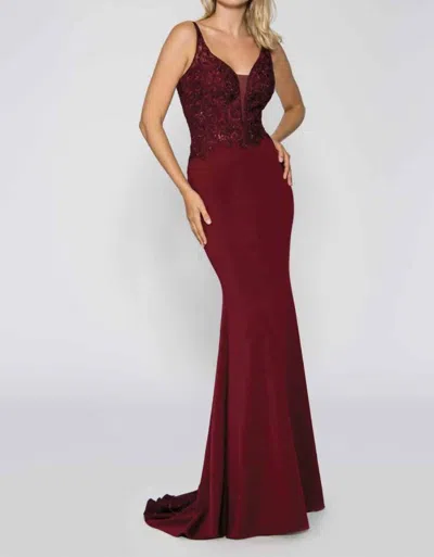 Stella Couture Sleeveless V-neck Embroidered Mermaid Maxi Dress In Burgundy In Multi
