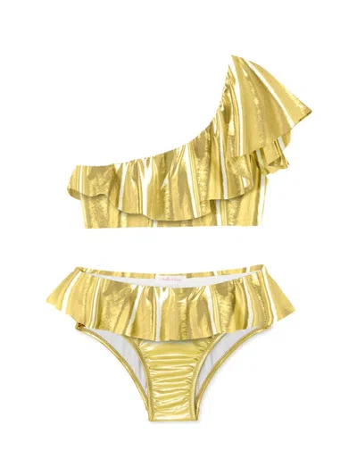 Stella Cove Little Girl's & Girl's One-shoulder Ruffled Metallic Bikini Set In Gold