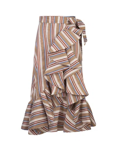 Stella Jean Striped Midi Skirt With Ruffle In Brown