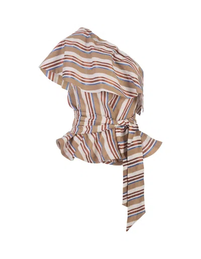 Stella Jean Striped Sleeveless Top With Ruffle In Brown