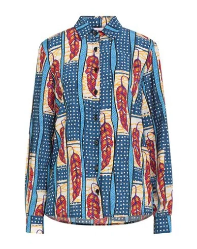 Stella Jean Woman Shirt Blue Size 10 Silk, Elastane