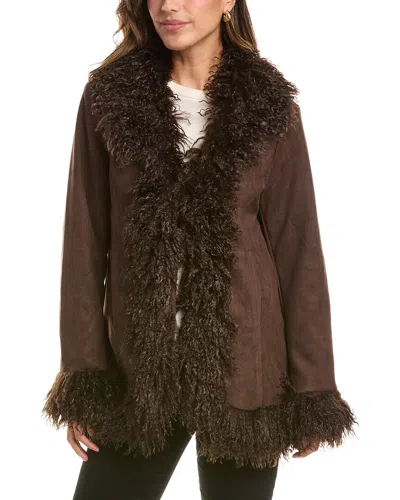 Stella + Lorenzo Faux Fur Suede Coat In Brown