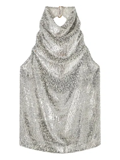 Stella Mccartney Womens Silver Halterneck Textured-pattern Woven Top