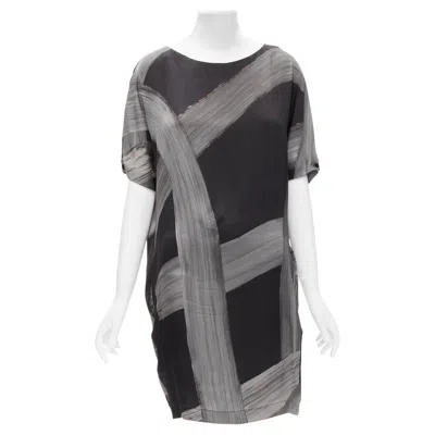Pre-owned Stella Mccartney 100% Silk Black Grey Brush Stroke Print Bateau Dress It38 Xs In Gray