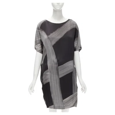 Pre-owned Stella Mccartney 100% Silk Black Grey Brush Stroke Print Bateau Dress It38 Xs In Gray