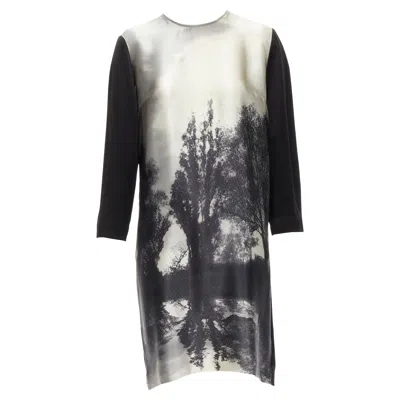 Pre-owned Stella Mccartney 100% Silk Black Grey Tree Photo Print Crew Neck Dress In Gray