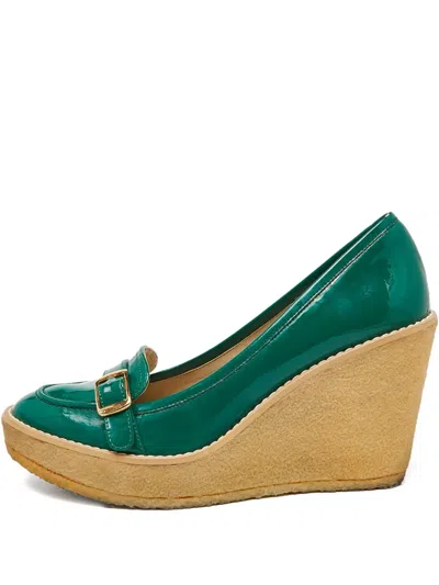 Pre-owned Stella Mccartney 105mm Wedge-heel Patent-leather Pumps In Green
