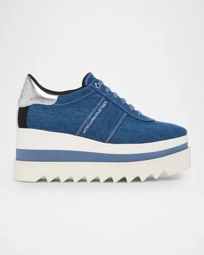 Stella Mccartney Sneak-elyse Denim Toothed-sole Platform Sneakers In Blue