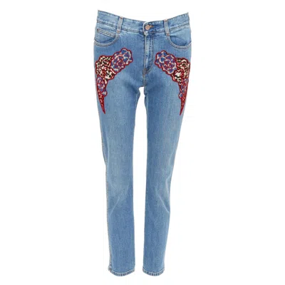 Pre-owned Stella Mccartney 2014 Red Floral Leopard Applique Patch Jeans 25"