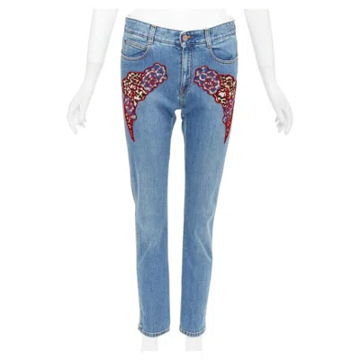 Pre-owned Stella Mccartney 2014 Red Floral Leopard Applique Patch Jeans 25"