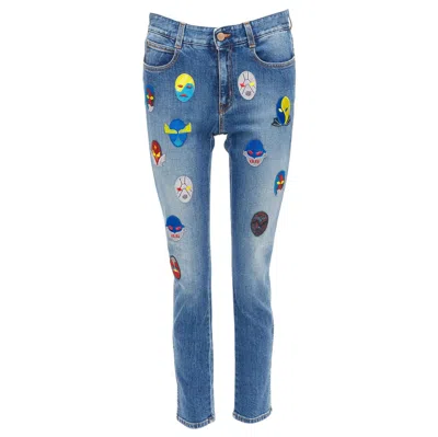Pre-owned Stella Mccartney 2014 Yellow Blue Superhero Patch Cropped Jeans 25"