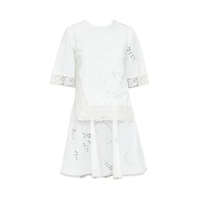 Pre-owned Stella Mccartney 2015 Cream Cotton Eyelets Lace Trim Half Sleeve Dress It38 Xs In White