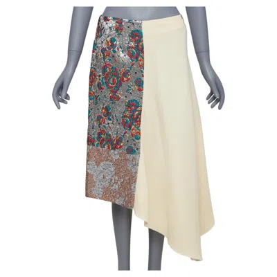 Pre-owned Stella Mccartney 2015 Cream Wool Blend Silver Ethnic Jacquard Midi Skirt It40 S In White