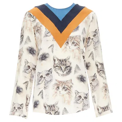 Pre-owned Stella Mccartney 2016 100% Silk Beige Orange Cat Print Blouse It38 Xs