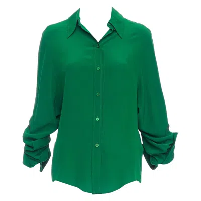 Pre-owned Stella Mccartney 2017 Kelly Green 100% Silk Ruched Sleeves Dress Shirt It34 Xxs