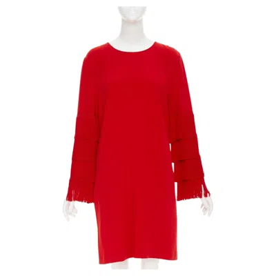 Pre-owned Stella Mccartney 2017 Ren Ren Tiered Fringe Sleeve Cady Shift Dress It38 Xs In Red
