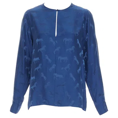 Pre-owned Stella Mccartney 2019 Navy Viscose Silk Horse Print Keyhole Shirt It36 Xxs In Blue