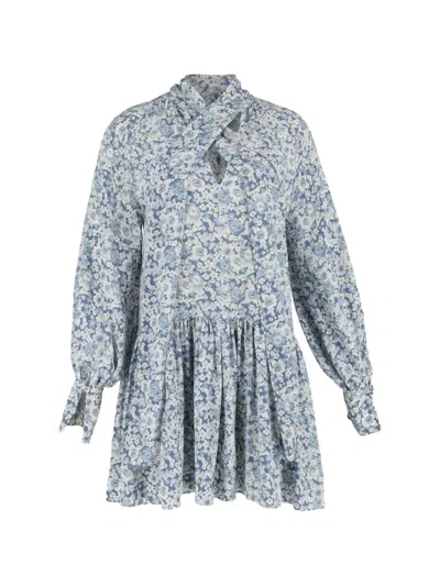 Pre-owned Stella Mccartney 2024 Tie-neck Floral-print Mini Dress In Blue