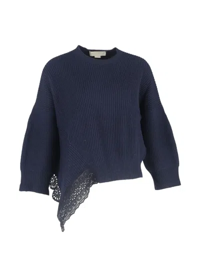 Pre-owned Stella Mccartney 2025 Lace-trim Ribbed Knit Sweater In Blue