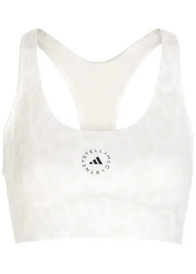 Stella Mccartney Adidas X  Logo Leopard-print Training Bra In White And Grey