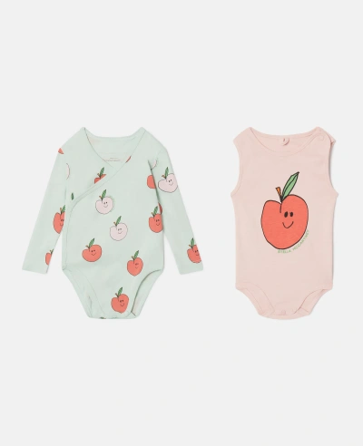 Stella Mccartney Kids' Apple Print Bodysuit And Sleepsuit Set In Green/pink