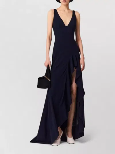 Stella Mccartney Asymmetric Long Dress Ruffle Detail V Neck In Black