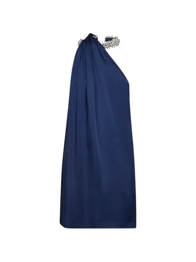 Stella Mccartney Navy Blue Envers Satin Pearl-embellished One-shoulder Mini Dress