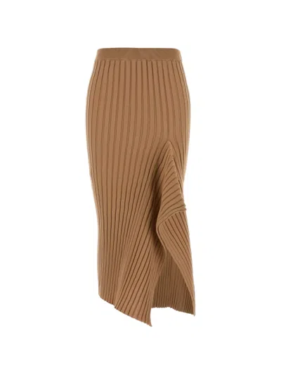 Stella Mccartney Asymmetric Ribbed-knit Wrap Midi Skirt In Brown