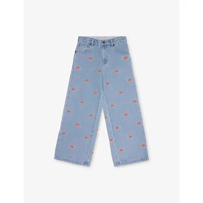 Stella Mccartney Kids' Avio/embroidered Lips-embroidery Straight-leg Denim Jeans 6-14 In Blue