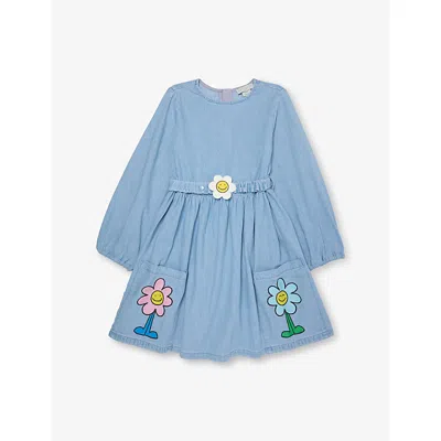 Stella Mccartney Kids' Azure-blue Embroidered-flowers Long-sleeve Denim D