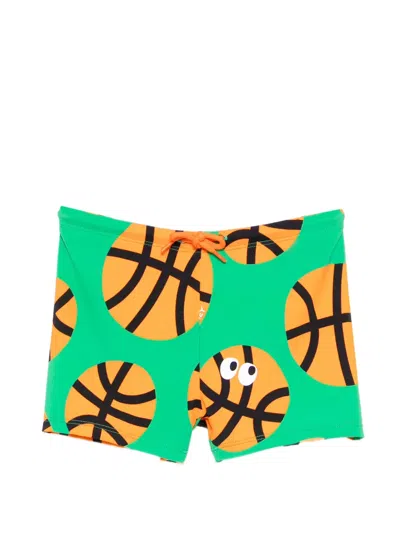 Stella Mccartney Kids' Basketball-print Swim Shorts In Multi