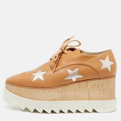 Pre-owned Stella Mccartney Beige Faux Leather Elyse Star Platform Lace Up Derby Size 37.5