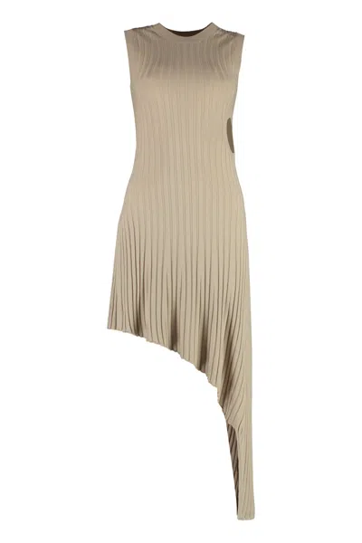 Stella Mccartney Beige Ribbed Knit Dress With Cut-out Detail And Asymmetrical Hem