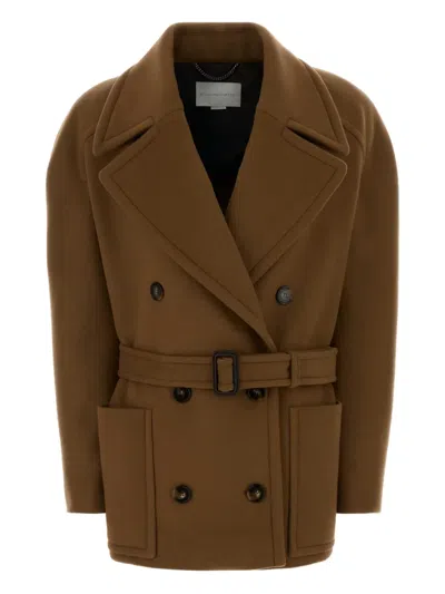 Stella Mccartney Wool Coat Belted Waist Double Breasted In Brown