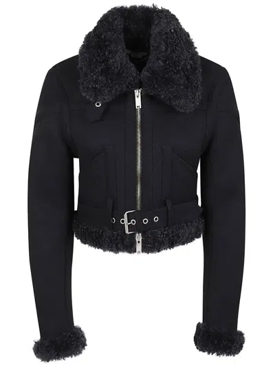 Stella Mccartney Belted Waist Cropped Aviator Jacket In Black