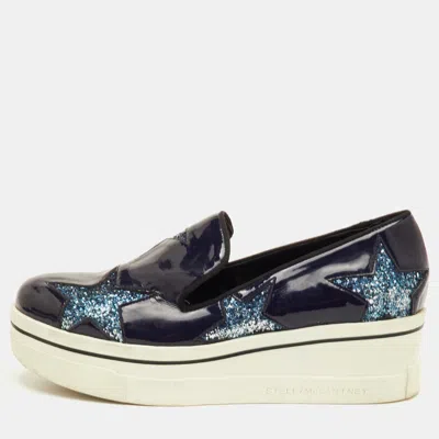 Pre-owned Stella Mccartney Binx Star Size 37 Navy Blue Faux Patent Leather Platform Slip On Sneakers