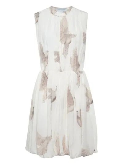 Stella Mccartney Bird-print Gathered Midi Dress In White