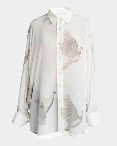 Stella Mccartney Bird Print Oversized Silk Top In Ivory
