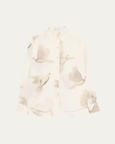 Stella Mccartney Bird Print Oversized Silk Top In Ivory