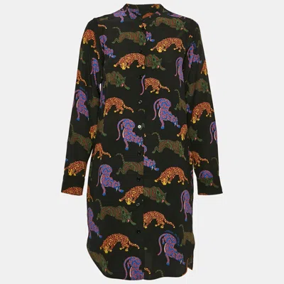 Pre-owned Stella Mccartney Black Cats Print Silk Shirt Dress Xs