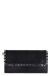 STELLA MCCARTNEY BLACK CONTINENTAL WALLET WITH SHAGGY DEER FABRIC AND RUTHENIUM CHAIN TRIM