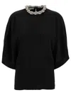 STELLA MCCARTNEY BLACK CREWNECK T-SHIRT WITH CRYSTAL CHAIN IN STRETCH VISCOSE WOMAN